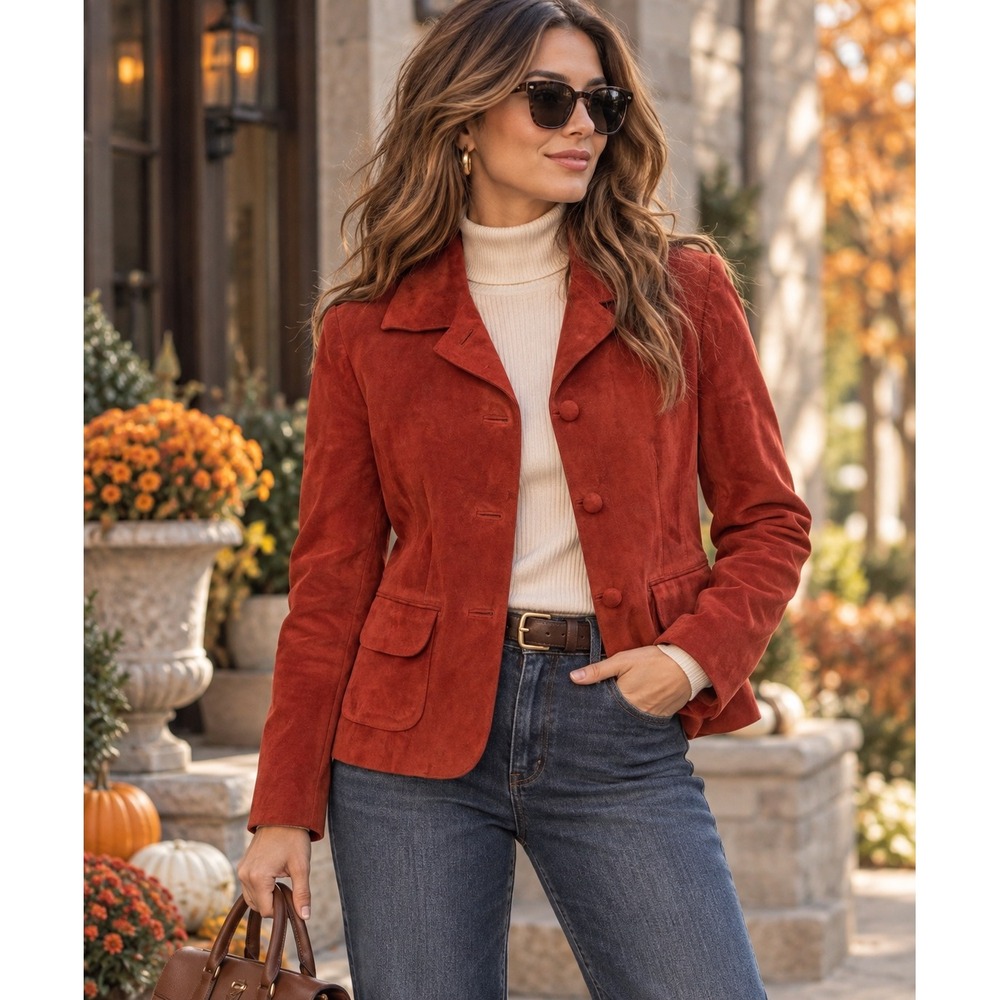Chic Western 100% Leather Suede Blazer Rust Red Academia Fall Autumn Jacket Sz M